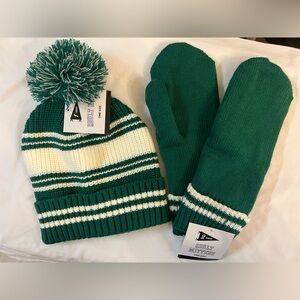 NWT Green and White Beanie and Mittens Set
